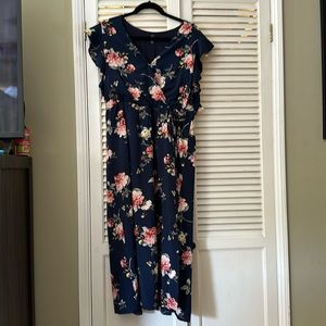 Navy and pink floral wrap dress